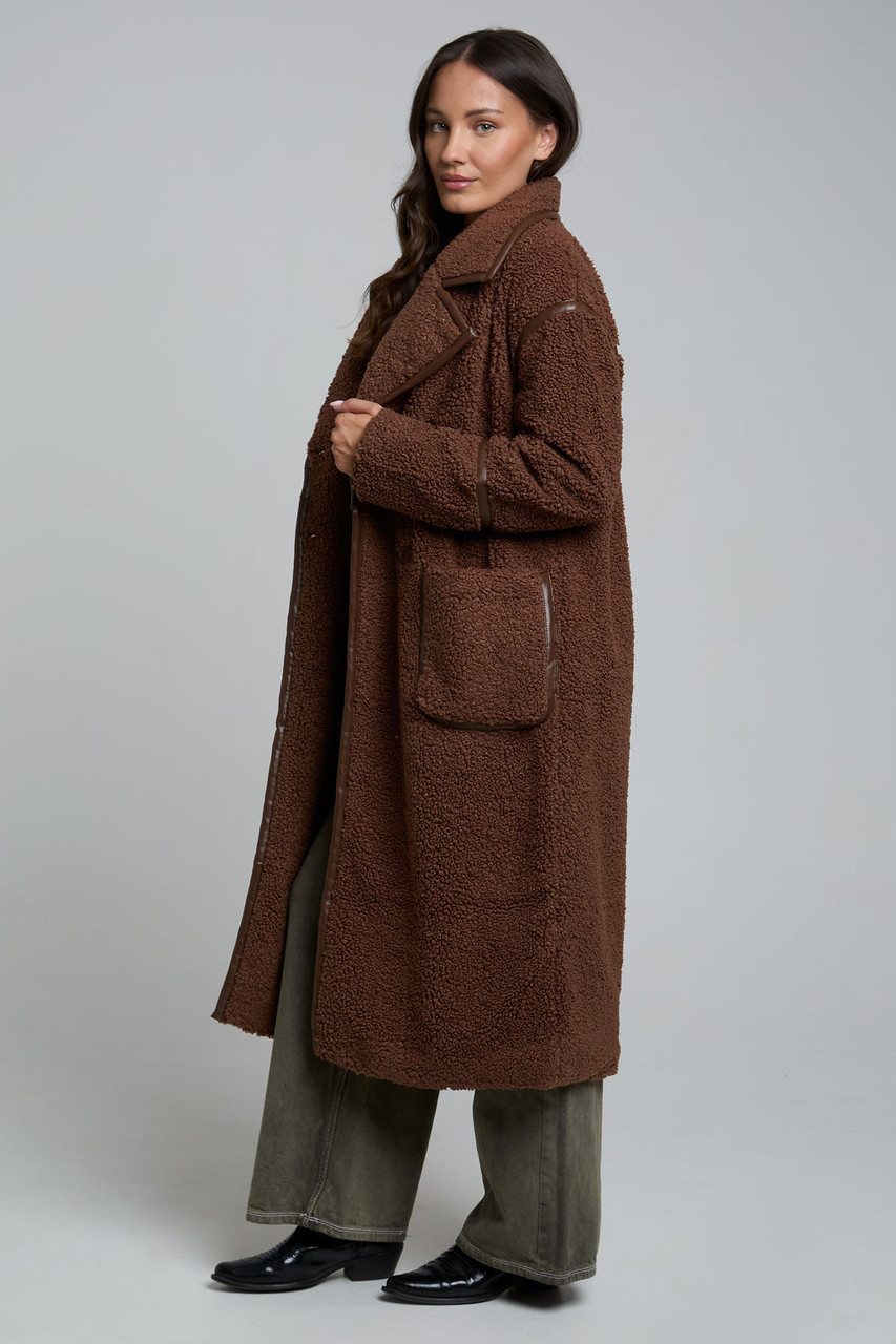 Chocolate Brown Borg Faux Leather Edged Longline Coat