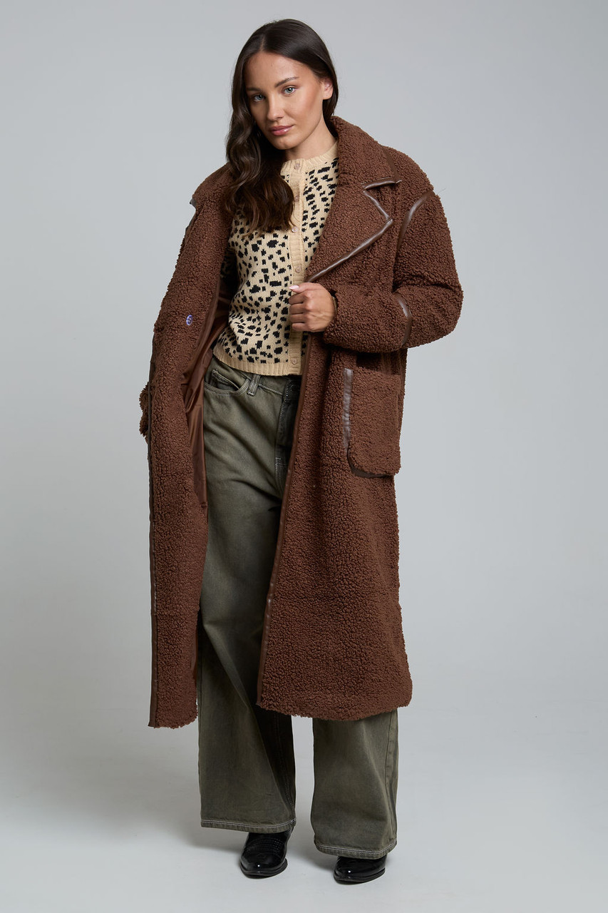 Chocolate Brown Borg Faux Leather Edged Longline Coat