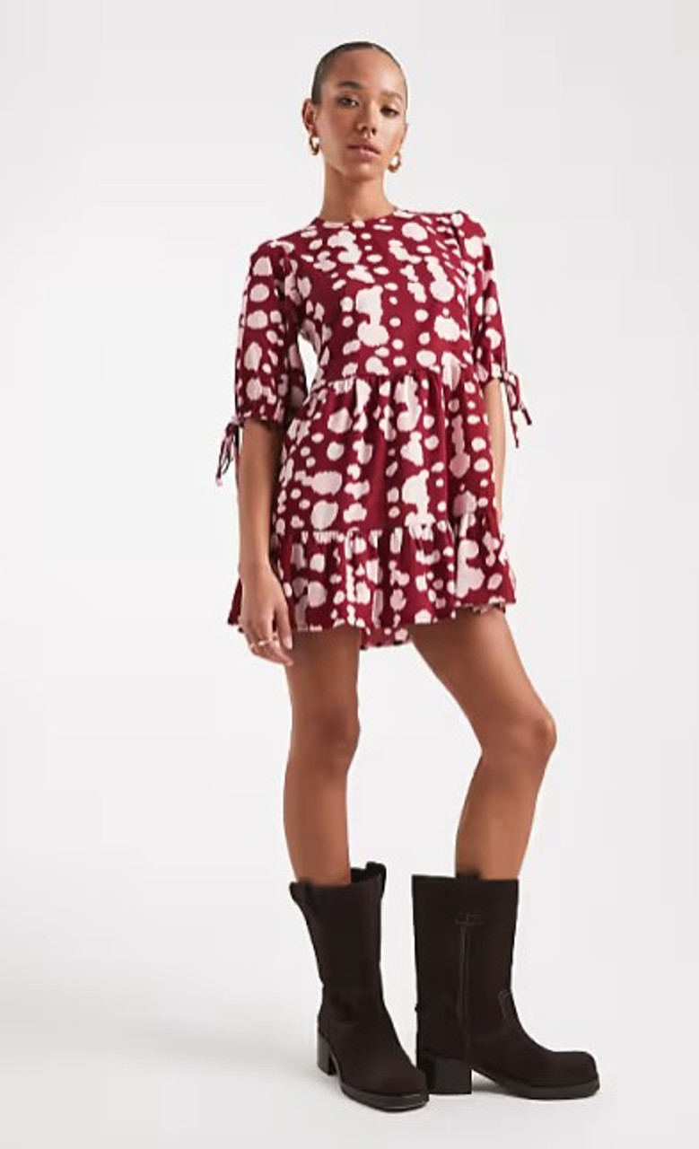 Burgundy And Pink Smudgy Dot Print Smock Mini Dress