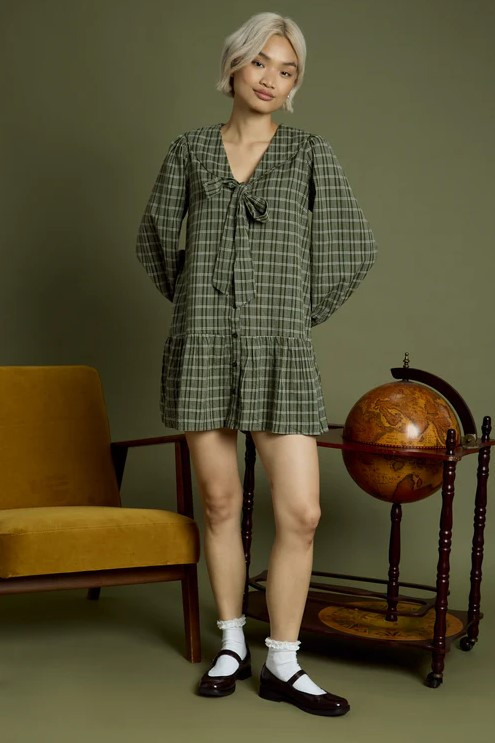 Rhea Bow Detail Check Mini Smock Dress