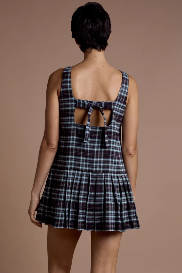 Blue Check Print Bow Back Detail Drop Waist Pinny Dress