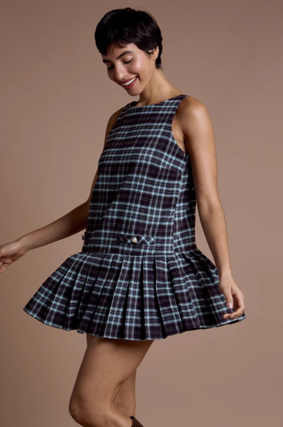Blue Check Print Bow Back Detail Drop Waist Pinny Dress