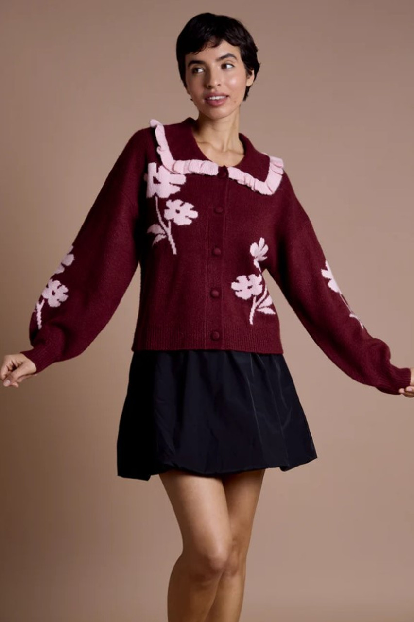 Burgundy Floral Intarsia Knitted Cardigan 