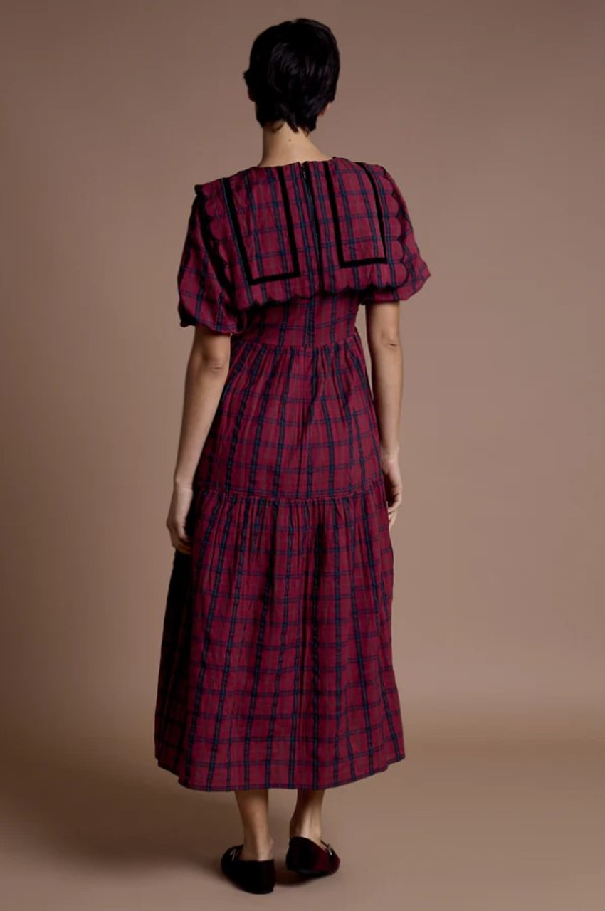 Burgundy And Navy Check Short Puff Sleeve Tiered Midi Dress