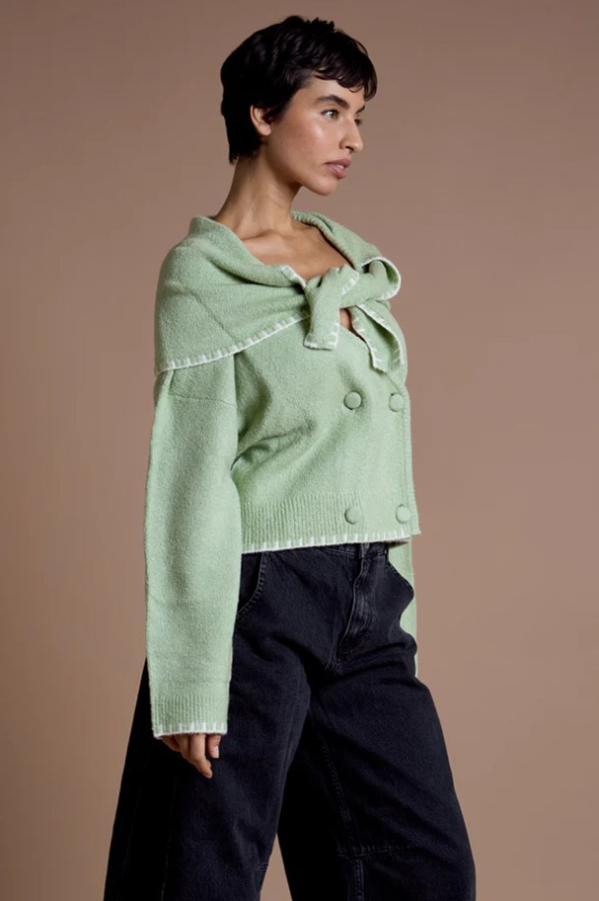 Sage Green Knit Cardigan Scarf Tie Detail - Multi Wear Scarf Function 