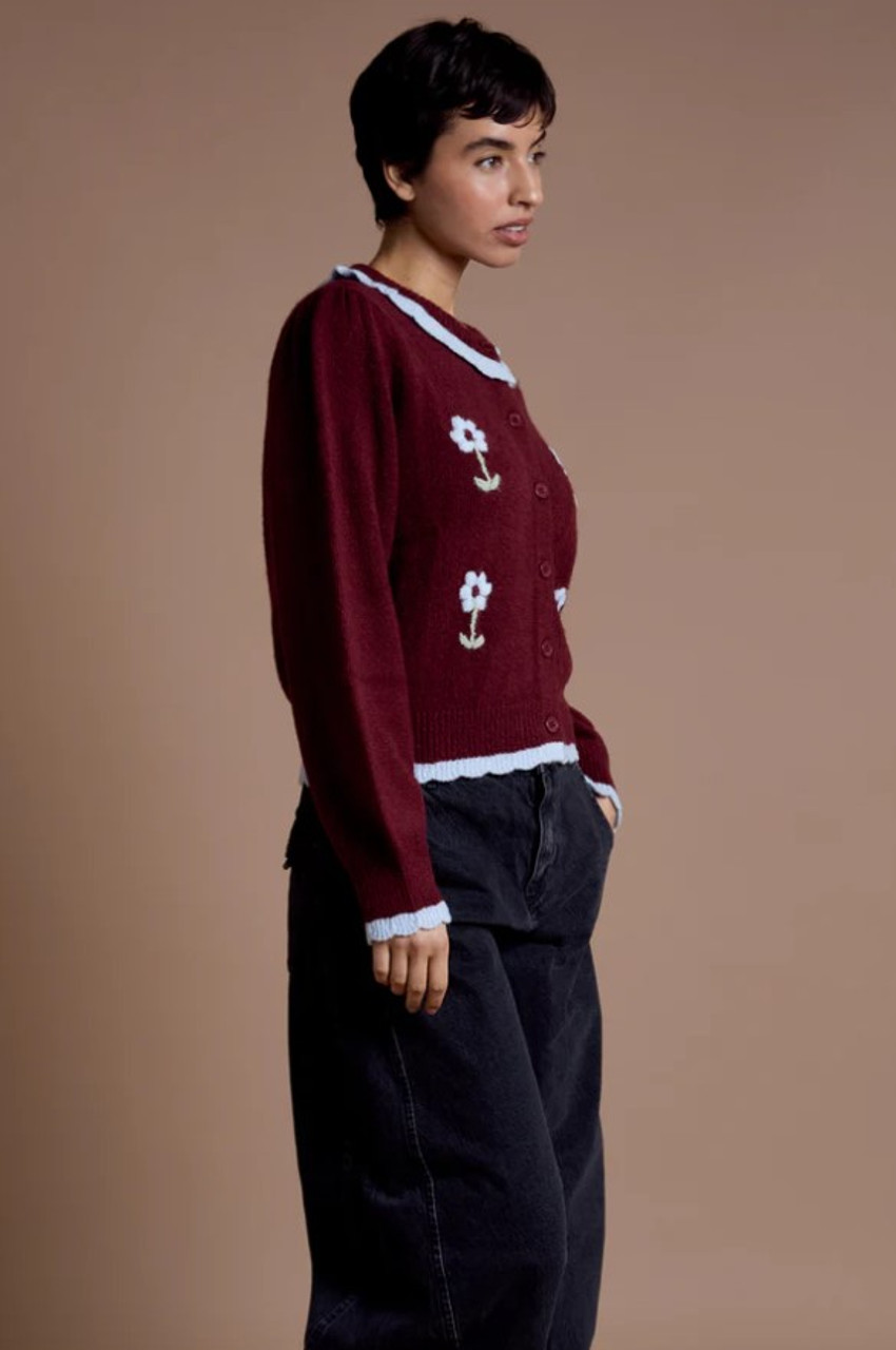 Burgundy And Blue Floral Detail Cardigan