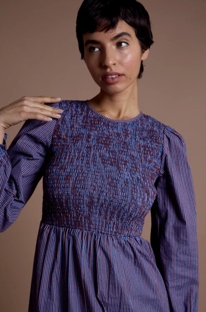 Long Balloon Sleeve Stripe Shirred Body Midi Dress