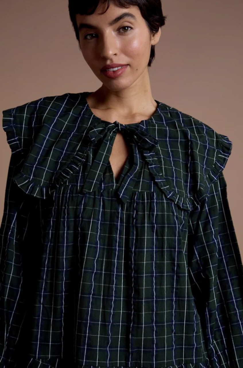 Green And Navy Check Print Mini Smock Dress