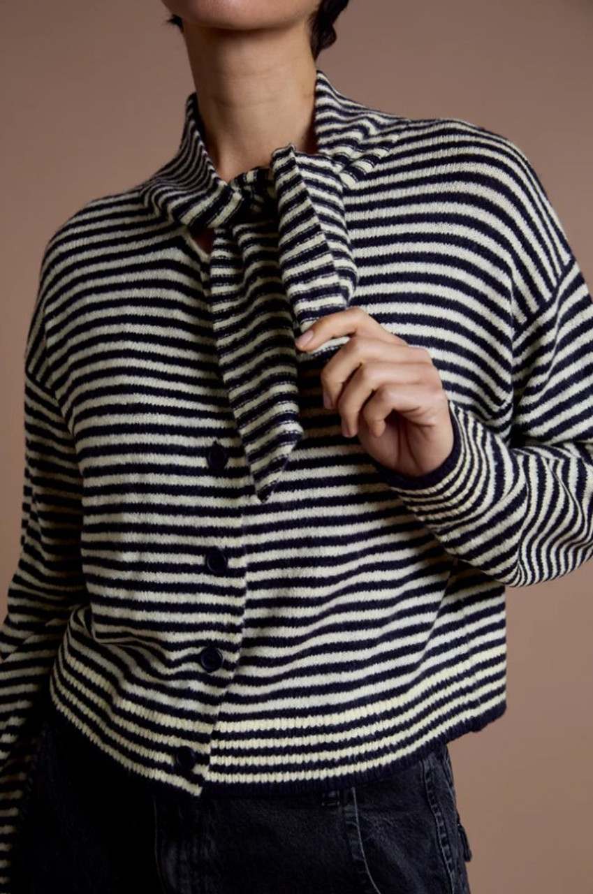 Scarf Tie Neck Detail Stripe Knit Cardigan