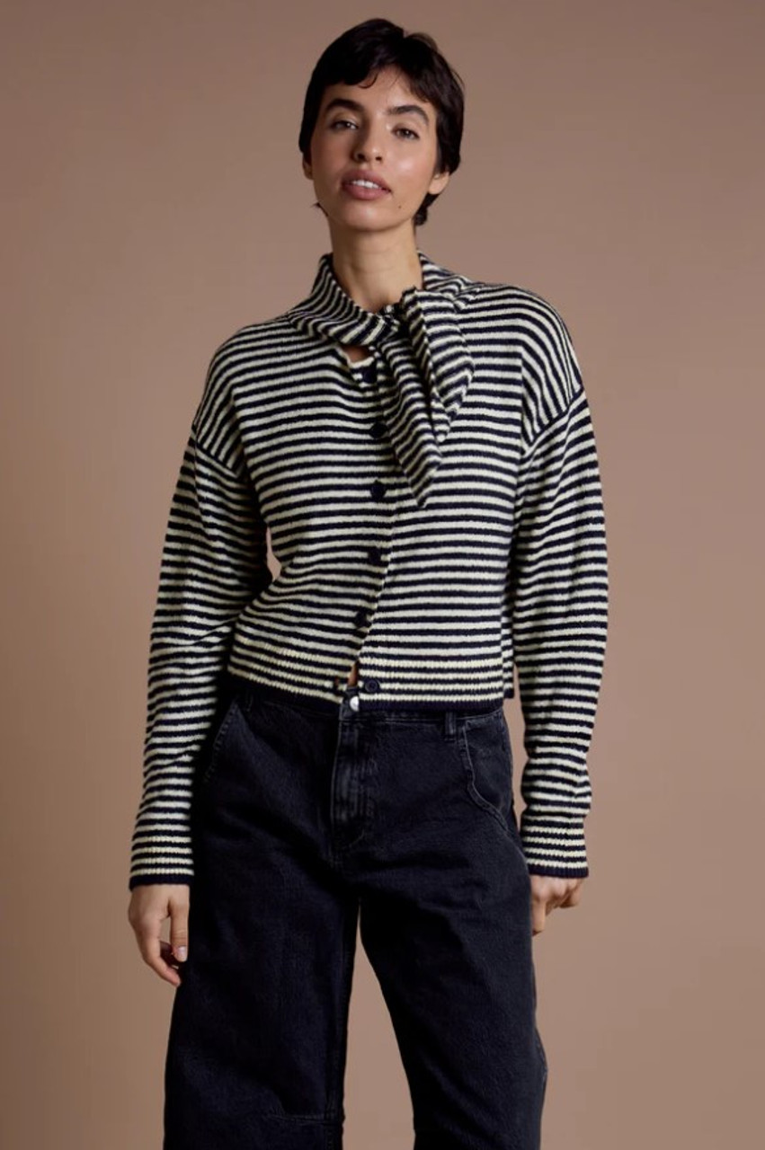 Scarf Tie Neck Detail Stripe Knit Cardigan