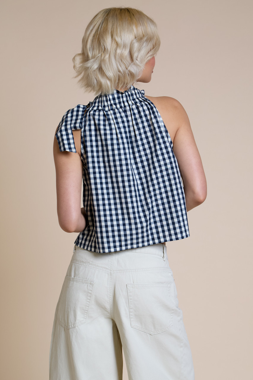 Navy Gingham Ruched And Scarf Neck Tie Halter Top 