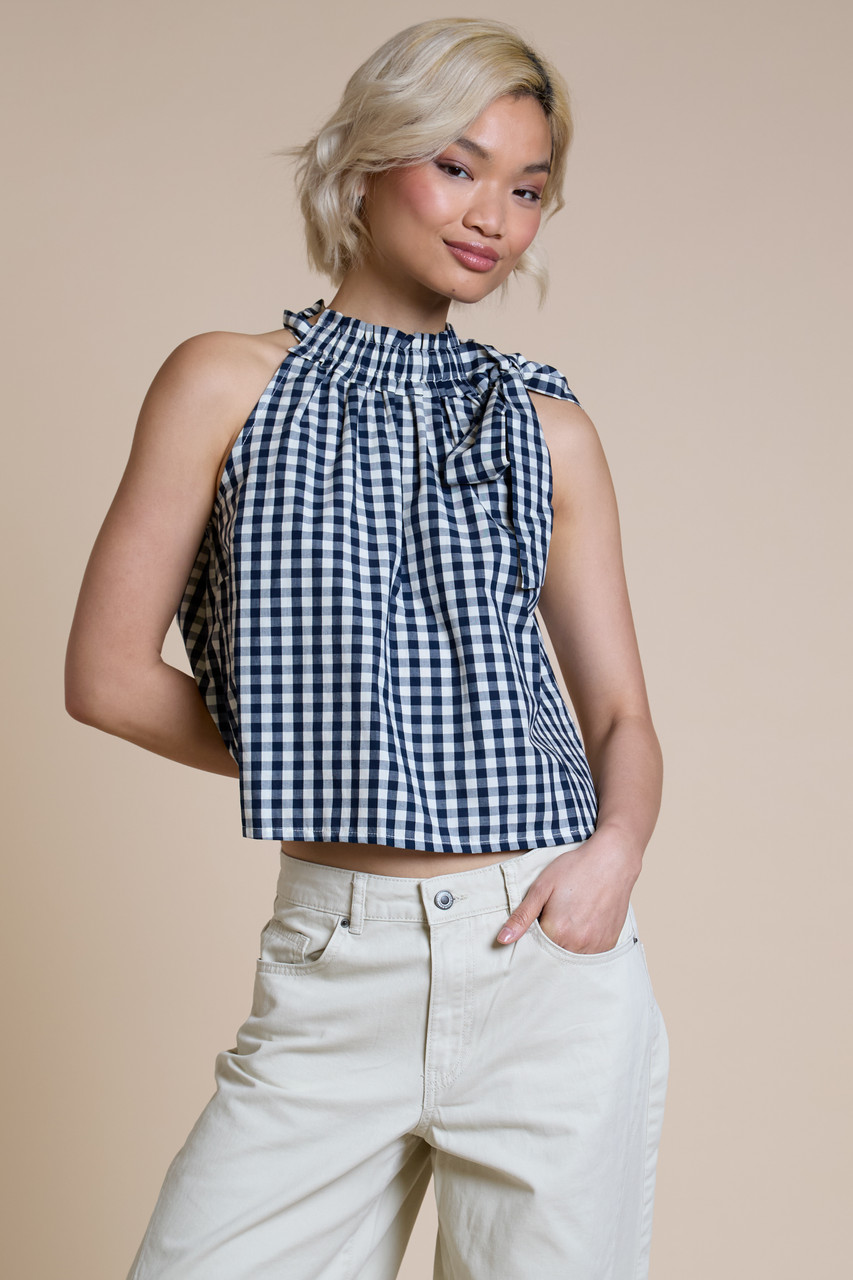 Navy Gingham Ruched And Scarf Neck Tie Halter Top 