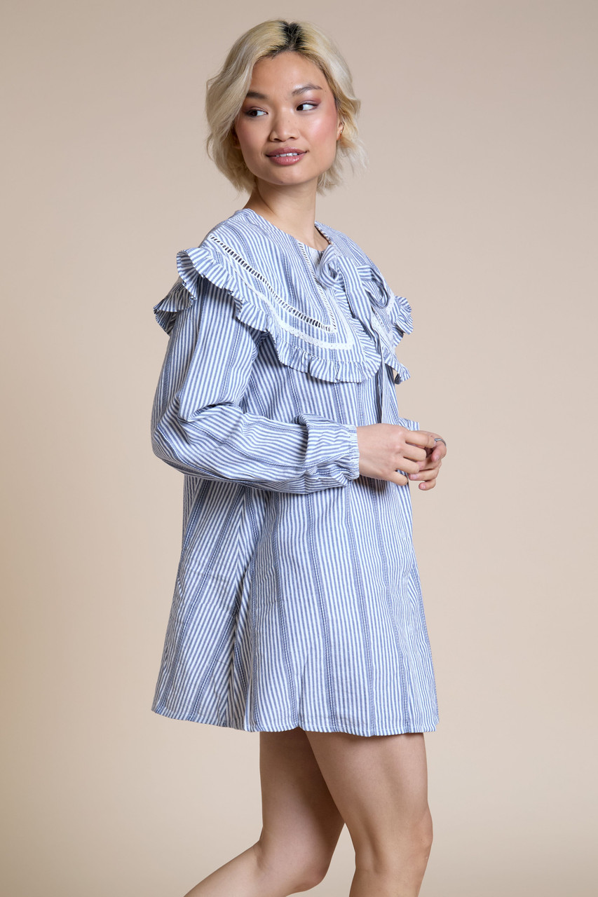 Blue And White Stripe Oversized Frill Collar With Bow Tie Swing Smock Dress