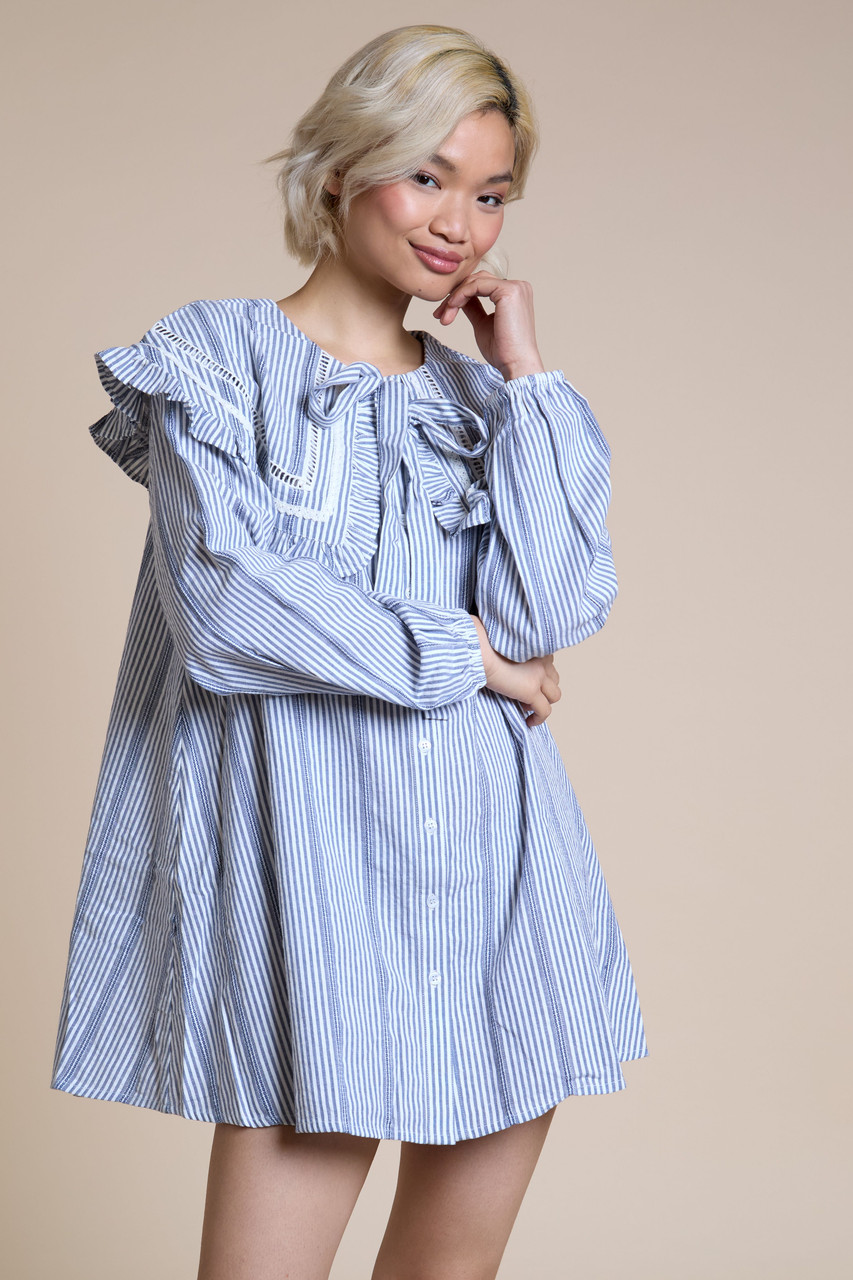 Blue And White Stripe Oversized Frill Collar With Bow Tie Swing Smock Dress