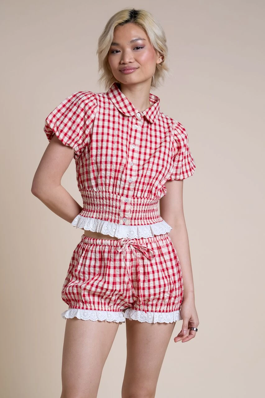 Red Gingham Sersucker Blouse 