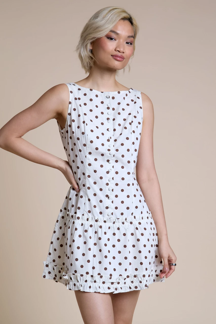 Cream And Brown Polka Dot Button Up Mini Dress