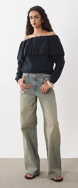Wednesdays Girl off shoulder ruffle jumper in navy