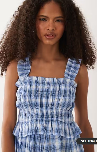 Wednesdays Girl shirred midaxi dress in blue check