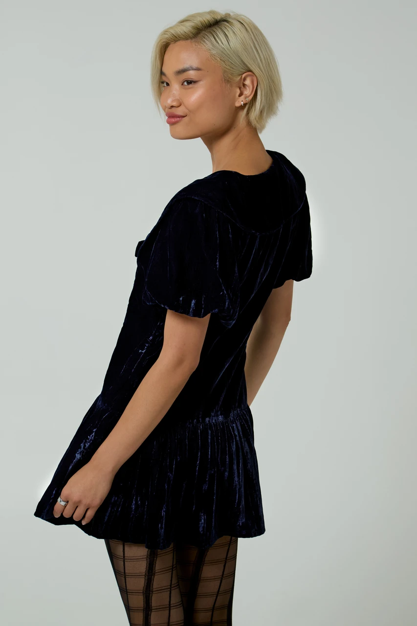 Neon Rose Collared Puff Sleeve Velvet Mini Dress in Navy