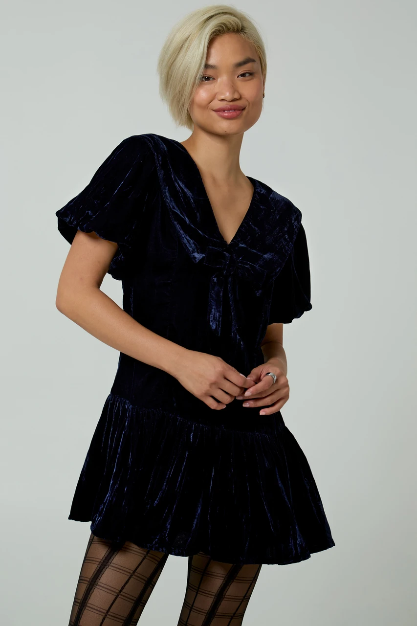 Neon Rose Collared Puff Sleeve Velvet Mini Dress in Navy