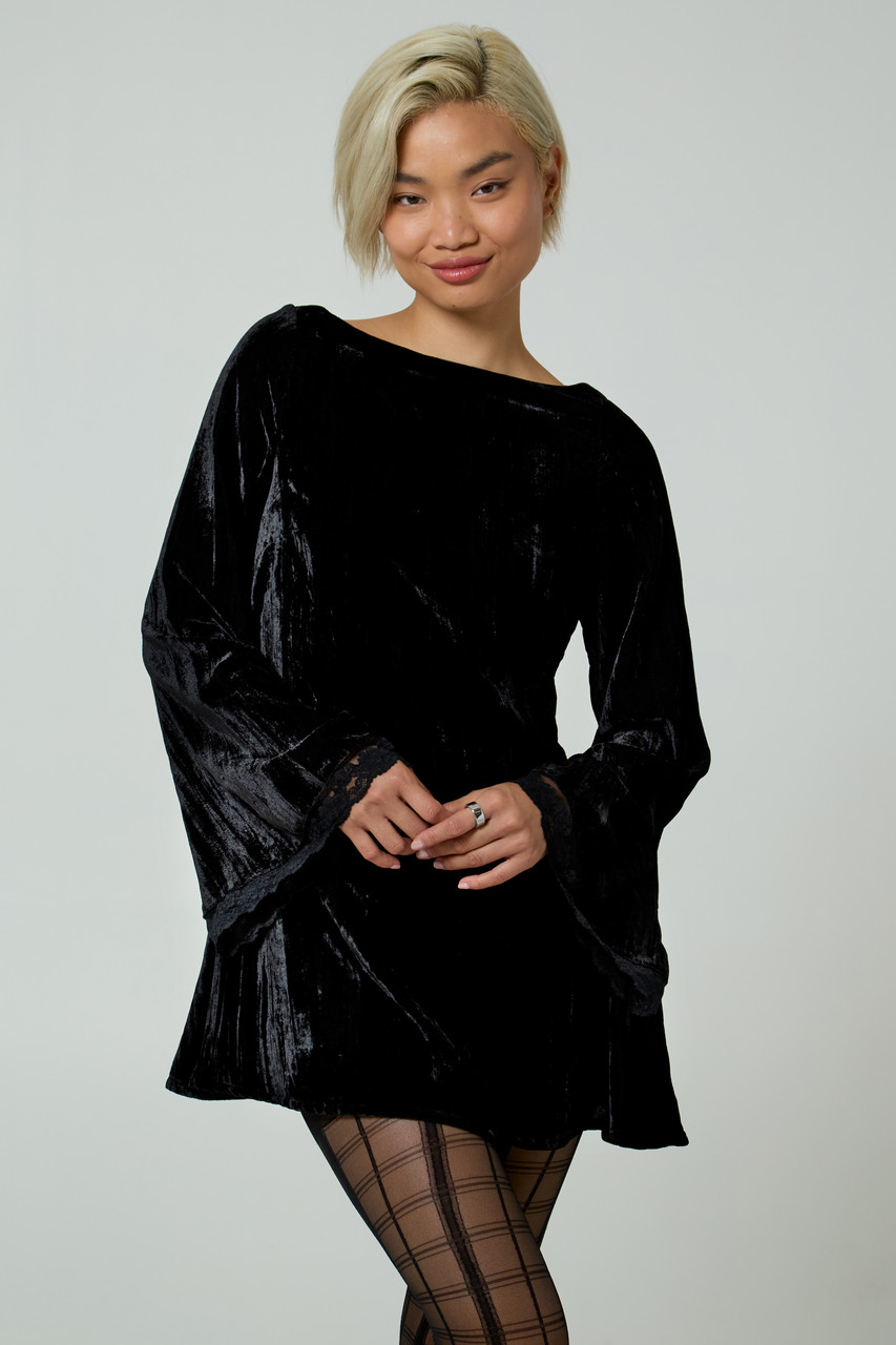 Neon Rose Bell Sleeve Velvet Mini Dress with Lace Trim in Black