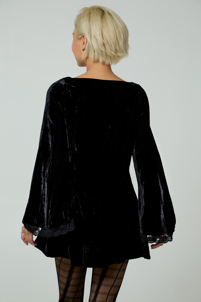 Neon Rose Bell Sleeve Velvet Mini Dress with Lace Trim in Black