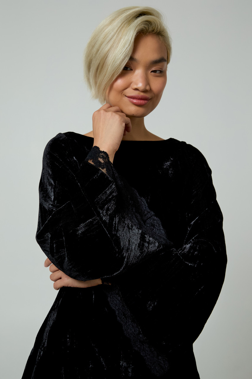 Neon Rose Bell Sleeve Velvet Mini Dress with Lace Trim in Black