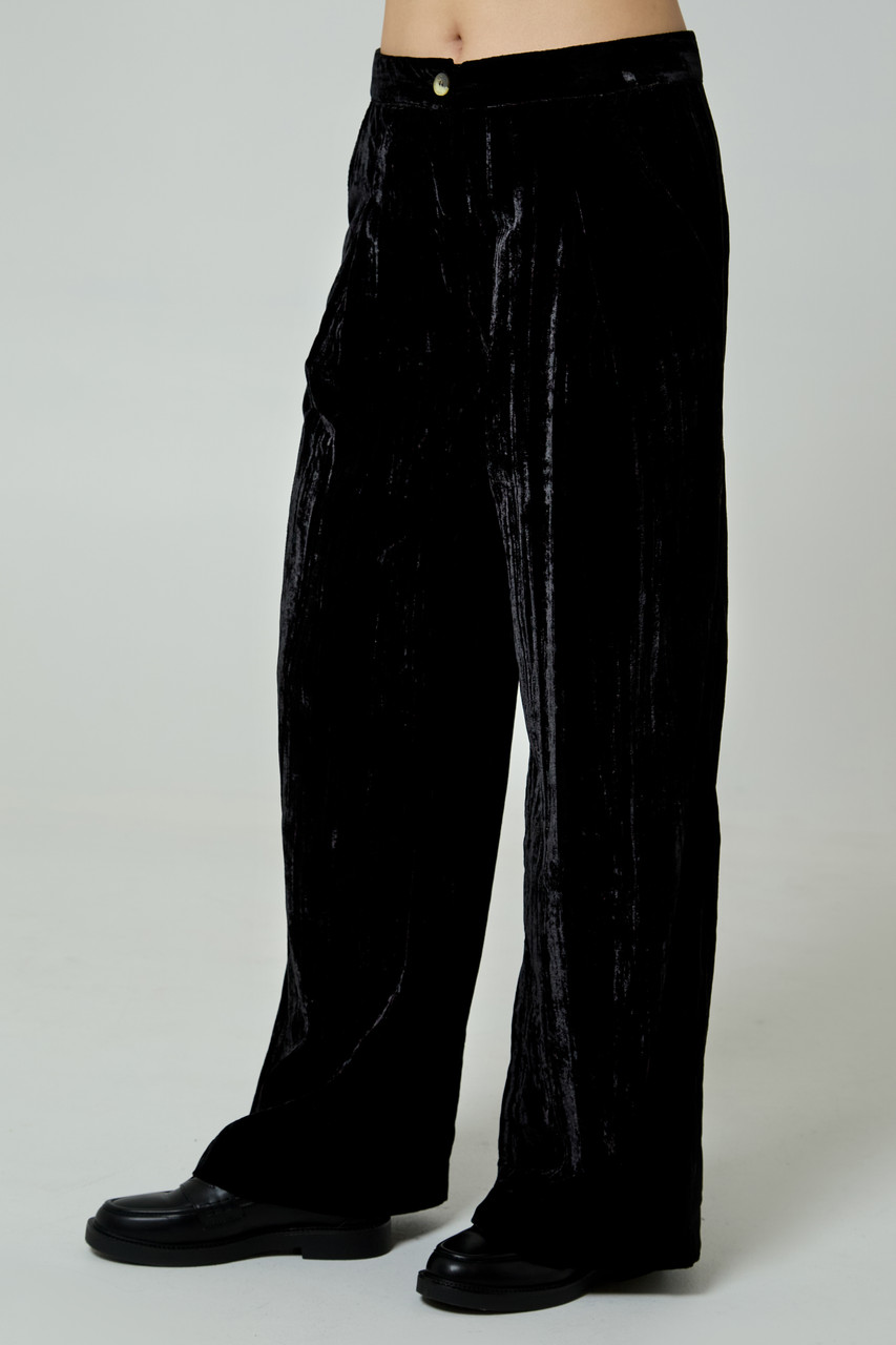 Neon Rose Wide Leg Velvet Trouser in Black