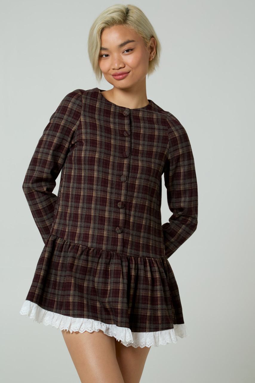 Neon Rose Long Sleeve Mini Dress with Lace Trim in Burgundy Check