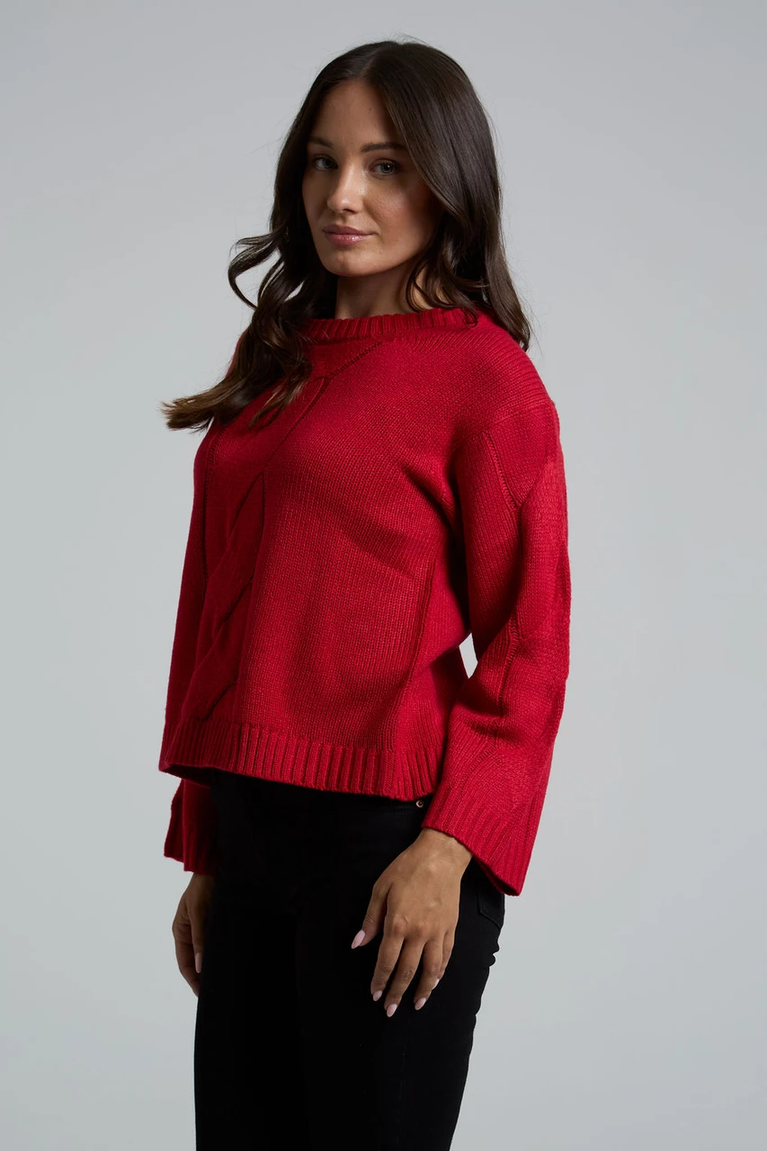 Red Cable-Knit Long Sleeves Jumper