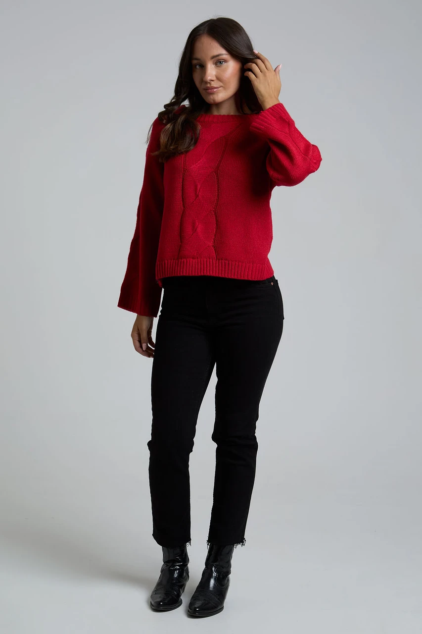 Red Cable-Knit Long Sleeves Jumper