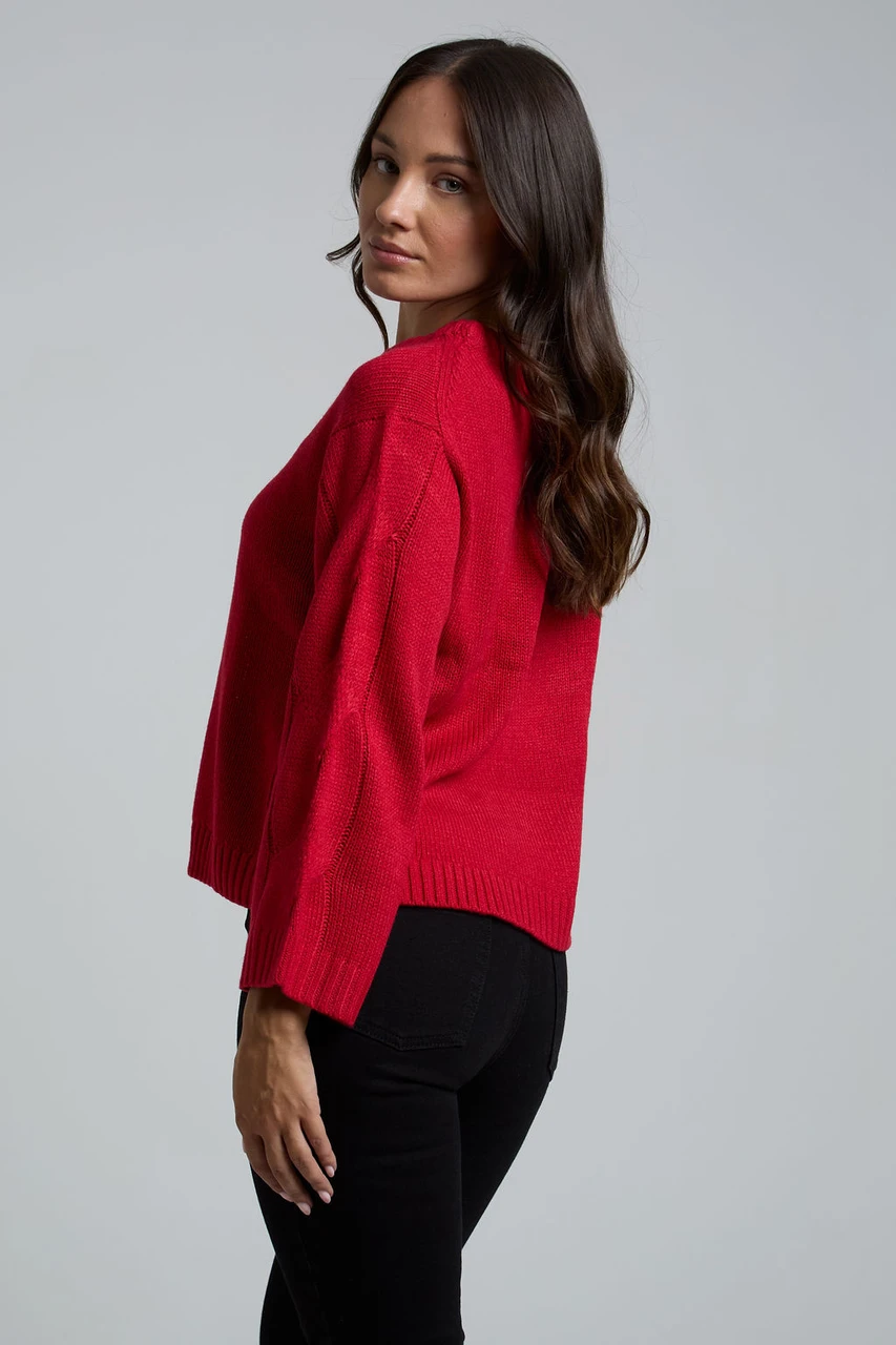 Red Cable-Knit Long Sleeves Jumper