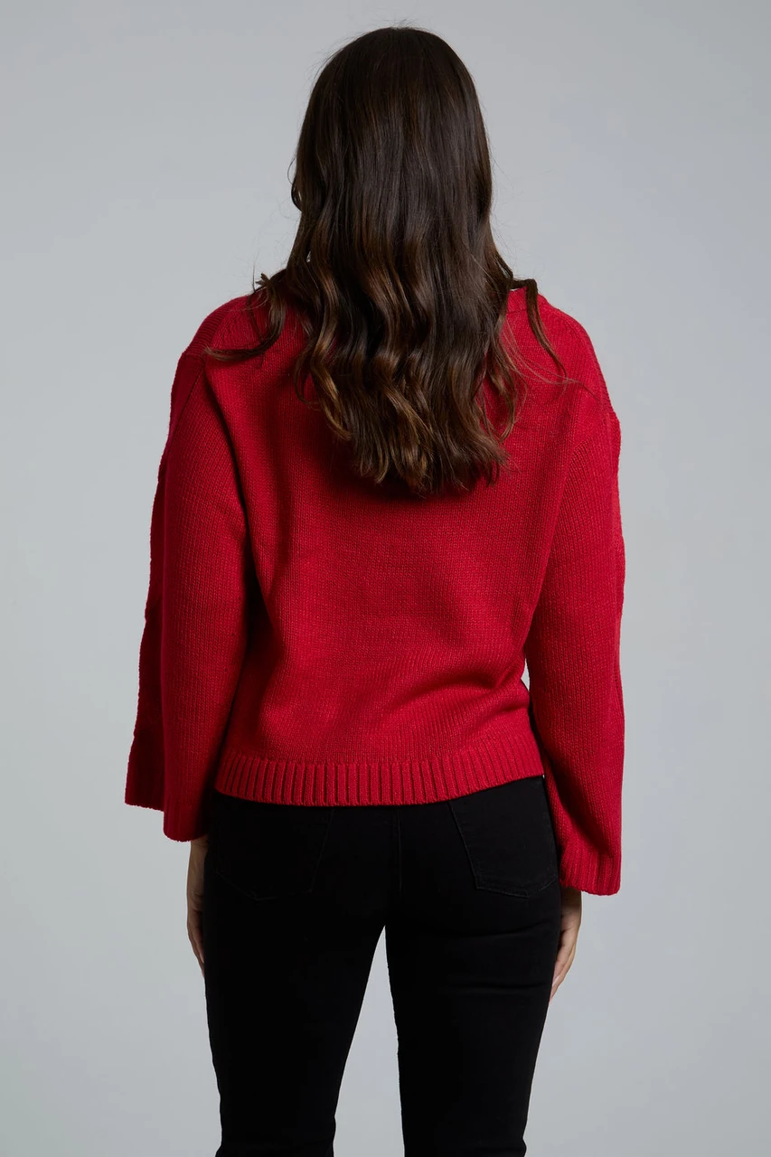 Red Cable-Knit Long Sleeves Jumper