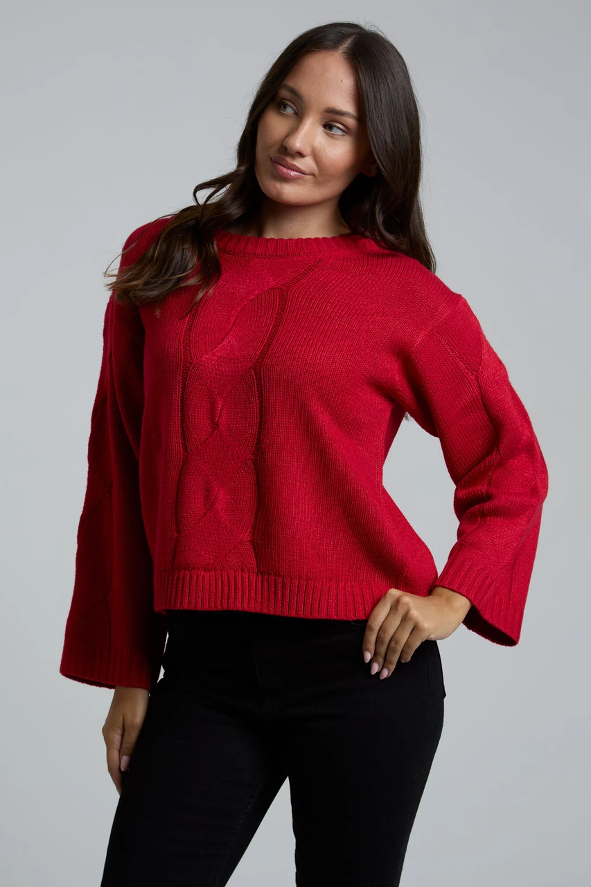 Red Cable-Knit Long Sleeves Jumper