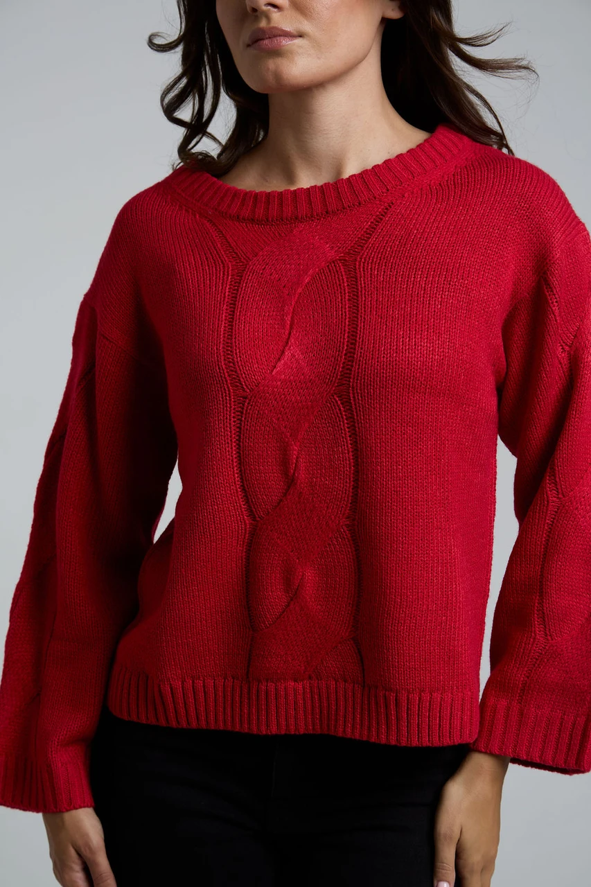Red Cable-Knit Long Sleeves Jumper