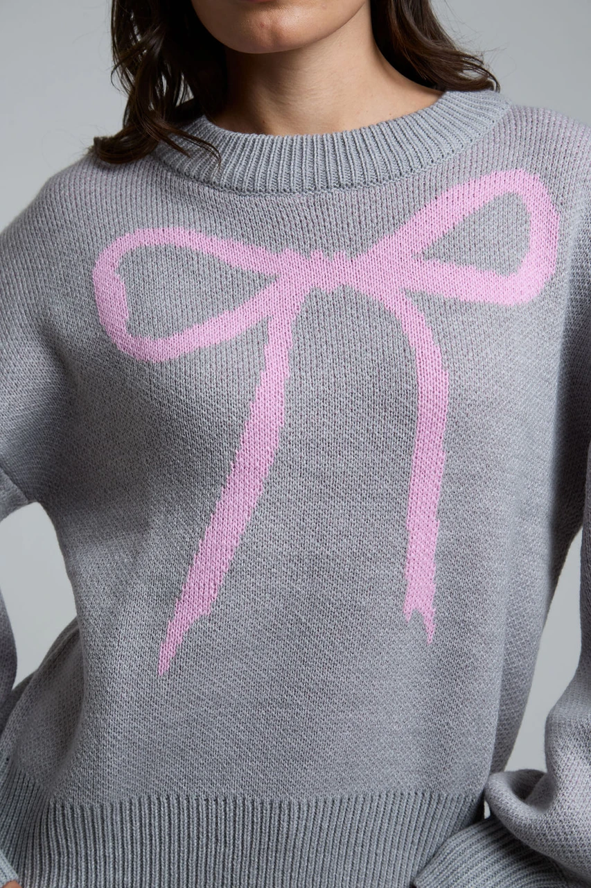 Bow Print Knitted Jumper In Grey 