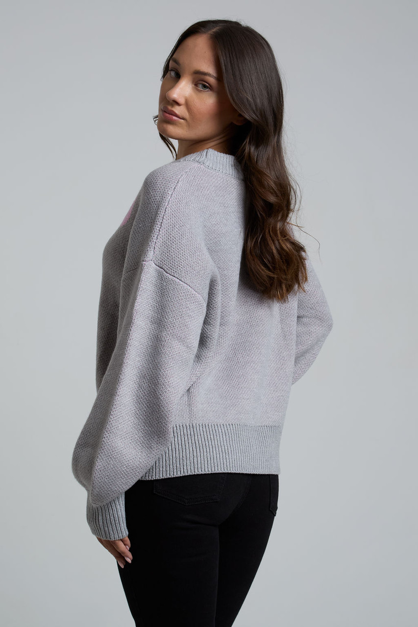 Bow Print Knitted Jumper In Grey 
