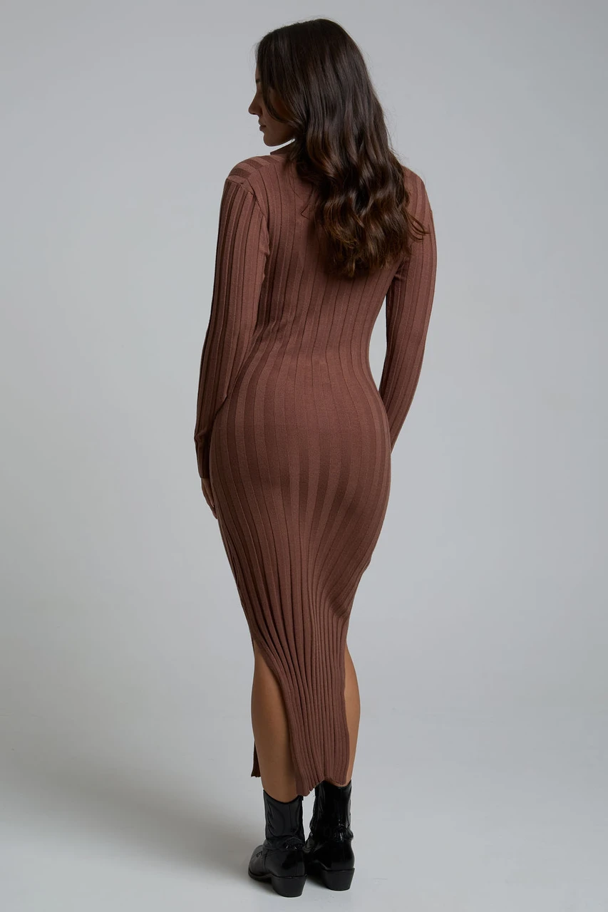 Chocolate Rib knit Collar detail Midaxi Dress