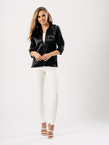 Black Satin Floral Embroidered Back Bomber Style Top