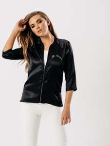 Black Satin Floral Embroidered Back Bomber Style Top