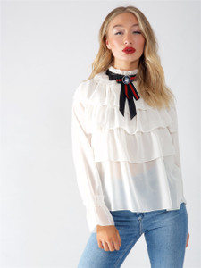 White High Neck Layered Ruffle Blouse