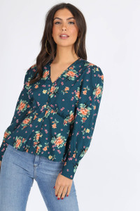 Green Floral Button Down Smock Blouse