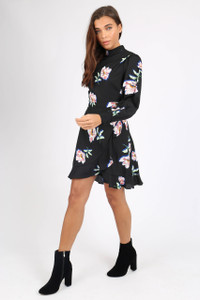 Black Floral High Neck Wrap Mini Dress
