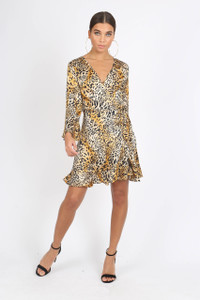 Leopard Satin Print Ruffle Hem Mini Dress