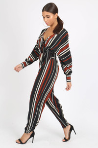 Multi Stripe Batwing Sleeve Wrap Jumpsuit
