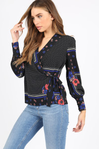 Black Scarf Print Wrap Top With Self Fabric Tie And Long Sleeves