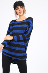 BLUE AND BLACK STRIPE BATWING JUMPER WITH DIPPED HEM AND LONG SLEEVES