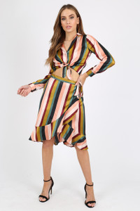 Multi Stripe Satin Tie Front Shirt with Long Sleeves