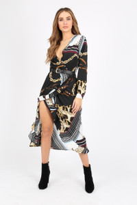 Chain And Animal Scarf Print Wrap Midi Dress With Long Sleeves