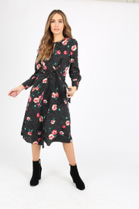 Floral And Spot Mix Print Tie Front Midi Dress With Long Sleeves